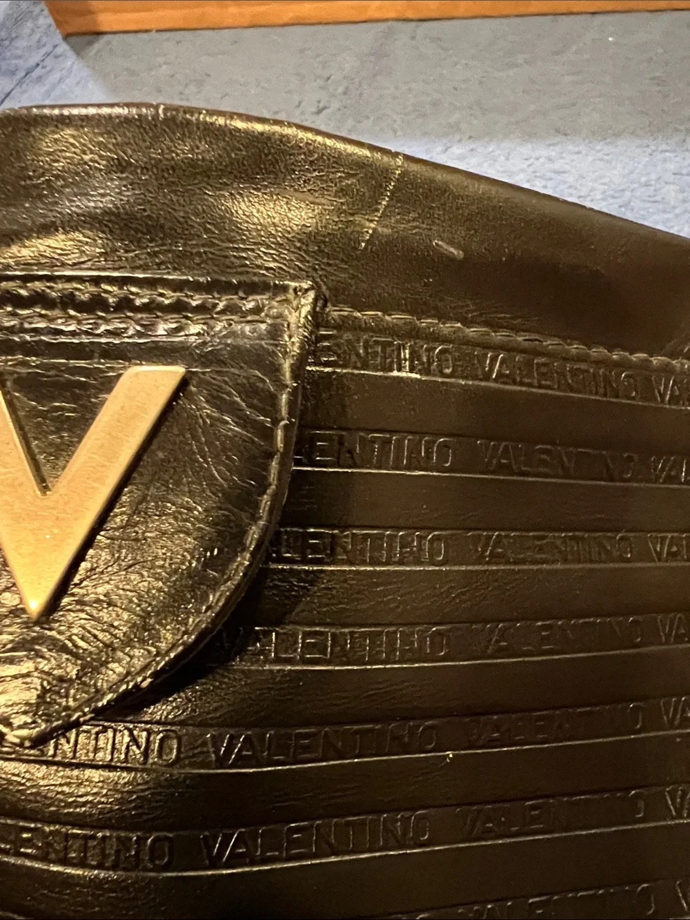 Valentino Black Leather V-Emblem Horizontal Embossed Clutch
